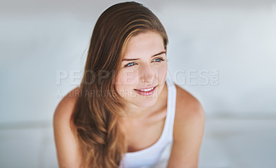 Buy stock photo Woman, rest and thinking in home, comfortable daydream and sofa for morning reflection on weekend. Female person, peace and remember memory in apartment, imagine future and ponder for mindfulness