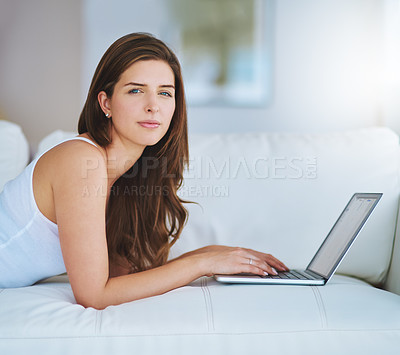 Buy stock photo Woman, home and portrait on sofa with laptop for remote work as lifestyle writer and blogger. Female person, freelancer and journalist with blogging for online magazine or newsletter publisher