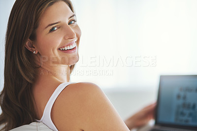 Buy stock photo Laptop, portrait and smile of customer woman on sofa in living room of home for online shopping. Computer, face and relax with happy person in apartment for bank payment, ecommerce or purchase