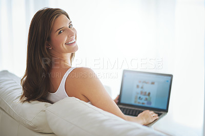 Buy stock photo Woman, happiness and portrait with laptop for remote work as online english teacher on break or relax. Female person, home and working on technology with website or internet for news, meme or article