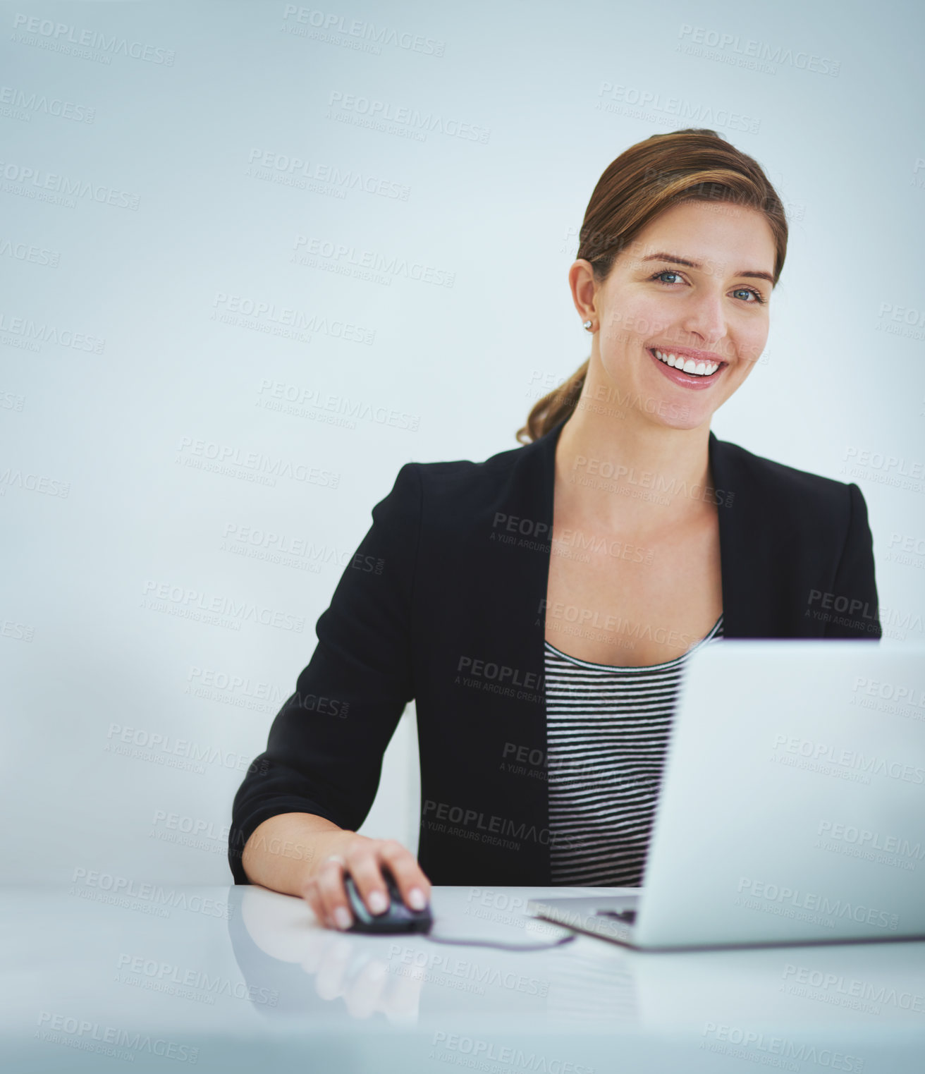 Buy stock photo Portrait, business and woman with laptop in studio for administration, finance report and planning budget. Smile, female accountant and digital for investment email, bank balance and white background