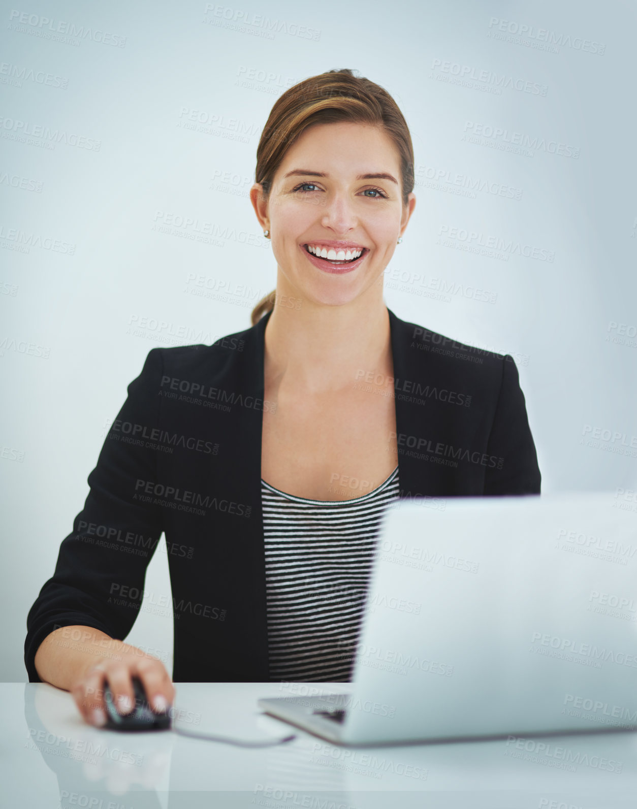 Buy stock photo Corporate, woman and portrait with laptop in studio for administration, finance report and planning budget. Smile, female accountant and digital of investment email, bank balance and white background