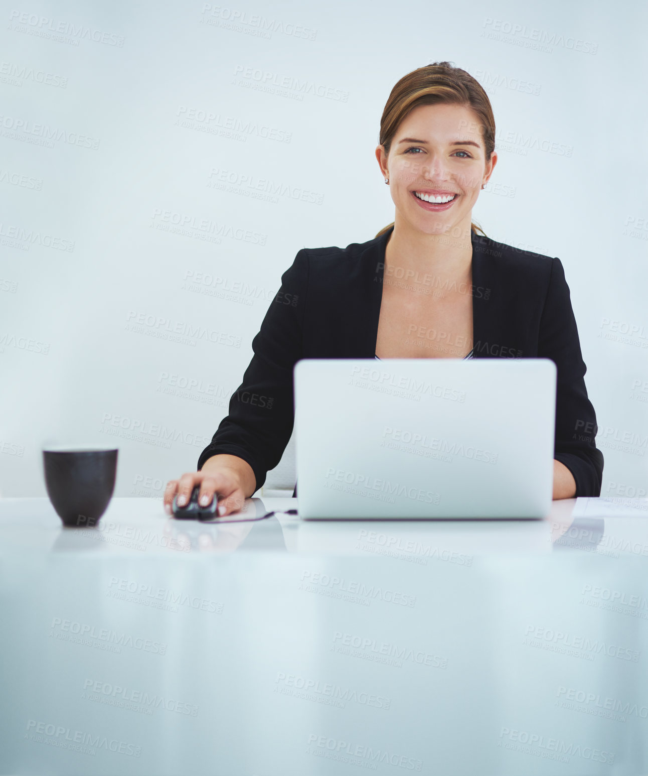 Buy stock photo Portrait, woman and corporate with laptop in studio for administration, finance report and planning budget. Happy, female accountant and digital of investment email, bank balance and white background