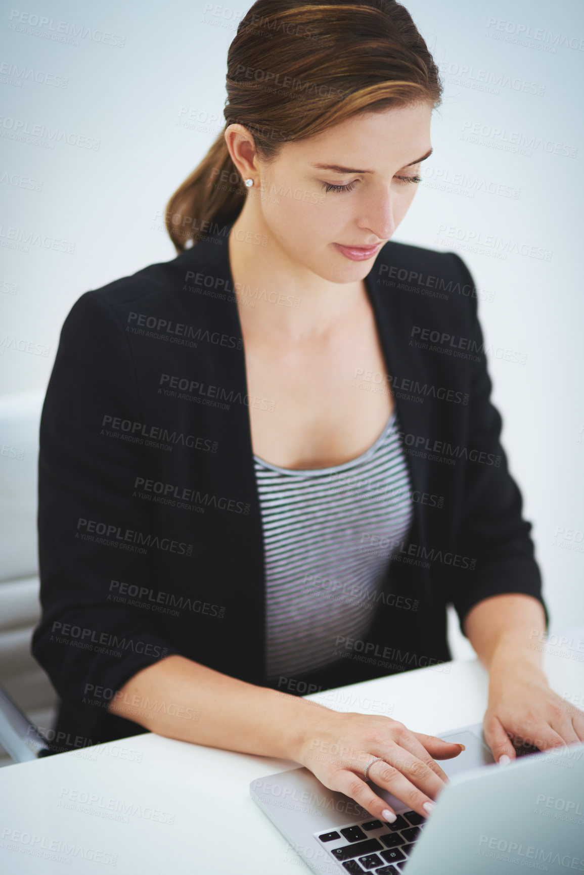 Buy stock photo Business, woman and typing with laptop in studio for administration, finance report and planning budget. Person, female accountant and digital for investment email, bank balance and white background