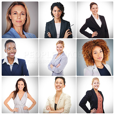Buy stock photo Professional, fashion and collage of woman in business with diversity. Studio, portrait and montage of corporate people with trendy outfit for work change or affirmative action on white background