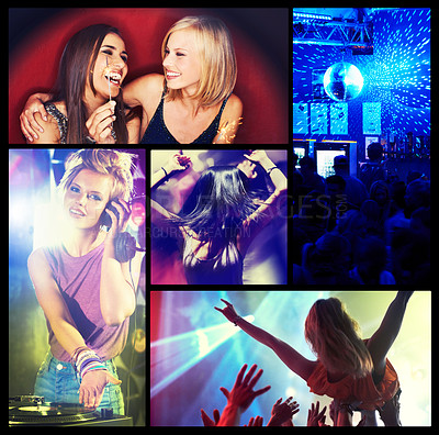 Buy stock photo Collage, DJ and clubbing in lights for band, performance and live music for fans in concert. Event, hands and partying at show with singing, dancing and crowd for celebration in arena or stage
