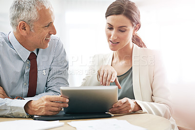 Buy stock photo Collaboration, business people and tablet for planning, training or feedback with mature mentor. Coaching intern, teamwork or happy manager with tech for help, investment or finance results in office