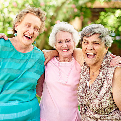 Buy stock photo Portrait of a group of smiling senior women standing outside