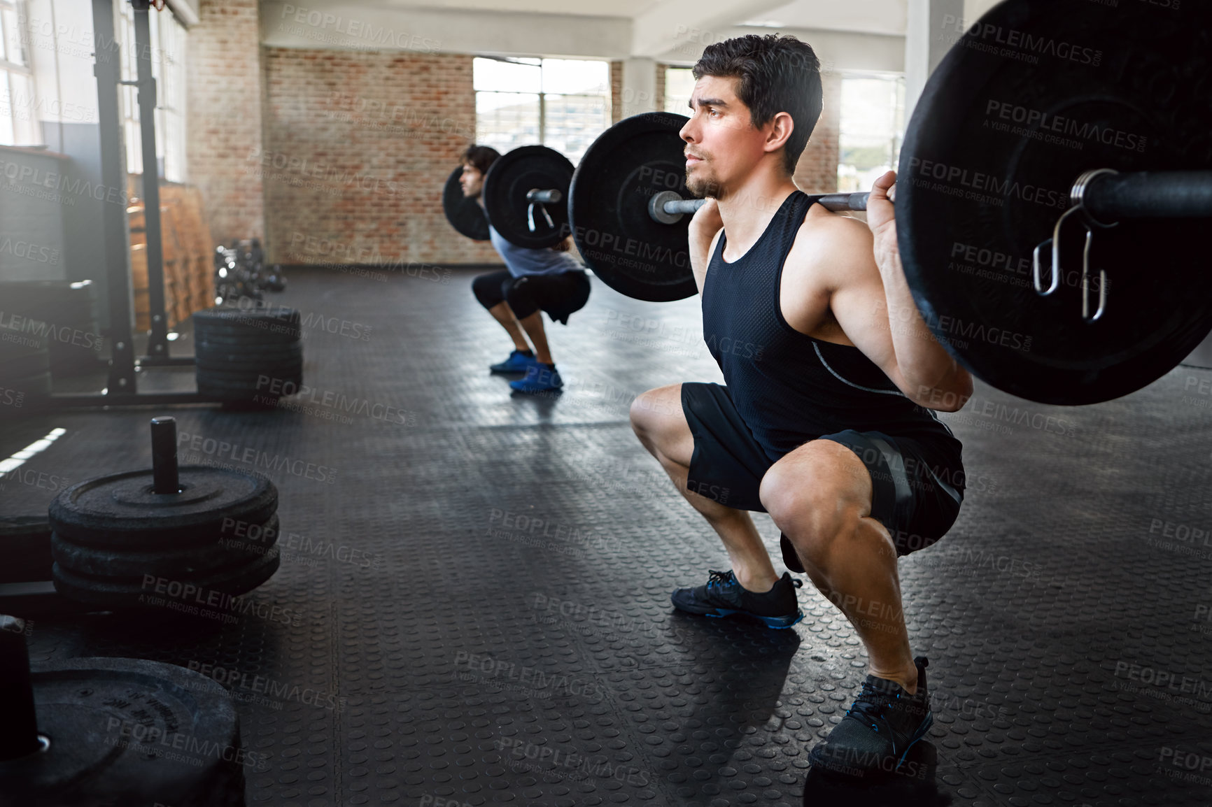 Buy stock photo Fitness, barbell and man in gym for squat with workout, body building and wellness for training. Muscles, health and male person with weightlifting for strength, active or exercise in sports center.