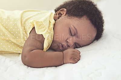 Buy stock photo Home, sleeping and black baby with rest, tired and relax with fatigue, growth and child development. African kid, apartment and infant with newborn, calm and bedroom with comfort and adorable