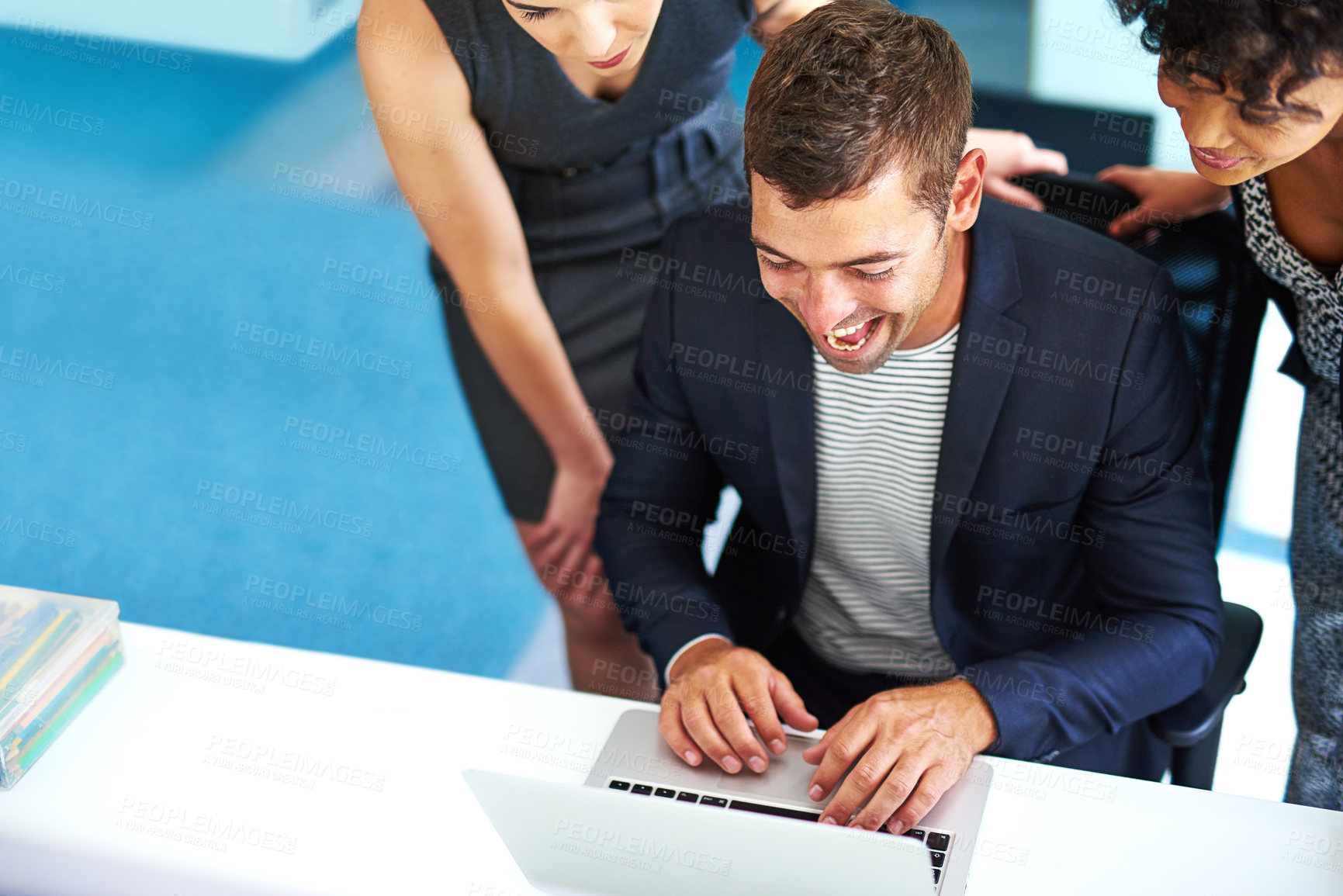 Buy stock photo Business people, laptop and brainstorming in office meeting for teamwork, collaboration and feedback. Group, excited and cooperation with tech for advice, project and pitch as proposal in corporate