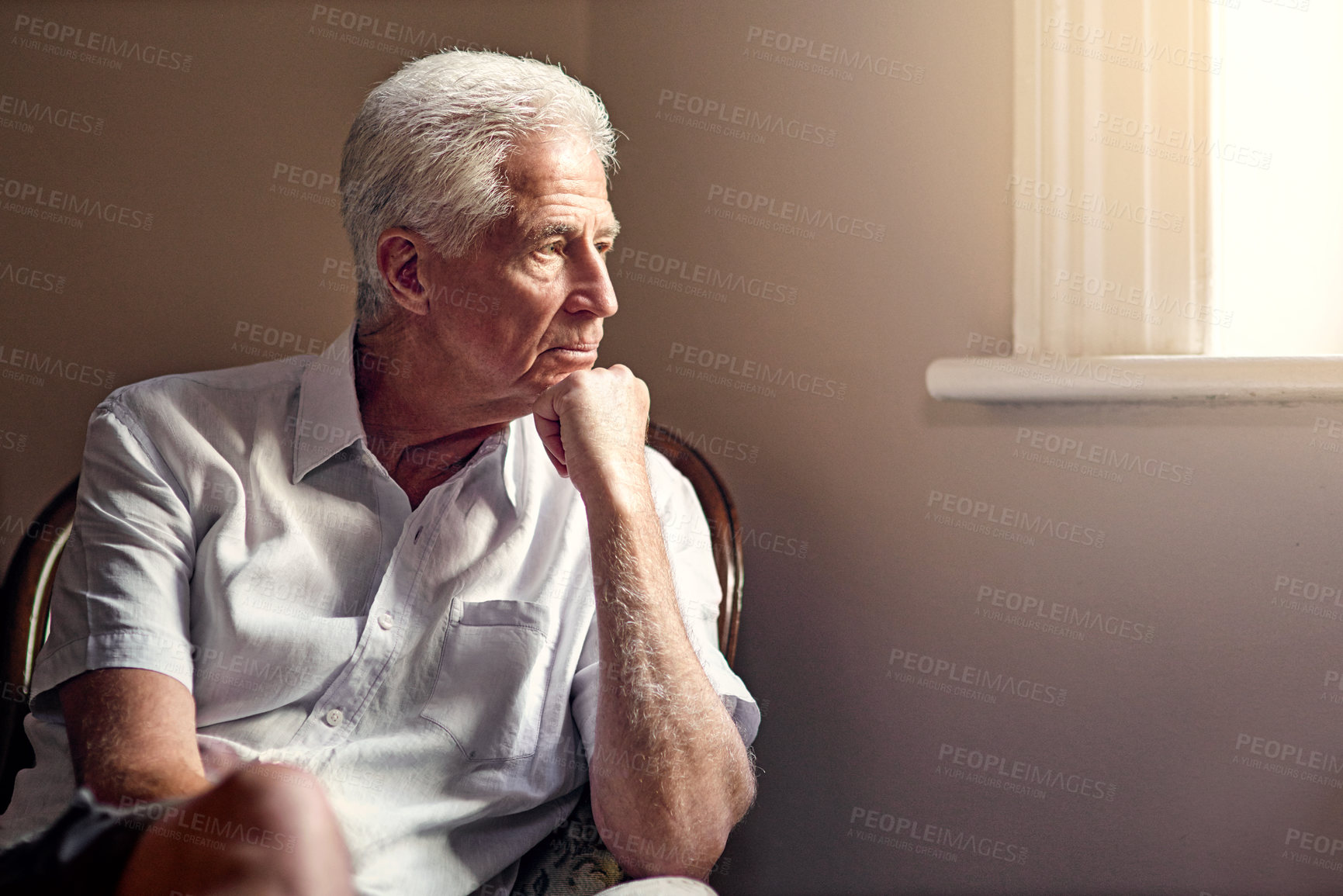 Buy stock photo Doubt, anxiety and senior man in home living room to remember memory, stress or reflection of crisis. Thinking, retirement and person with alzheimer, depression or worry for future decision in house