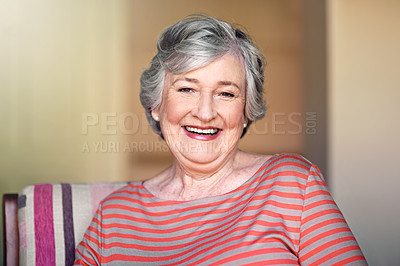 Buy stock photo Portrait, happy and senior woman in nursing home, relax in living room or smile in retirement. Elderly lady, happiness and healthy grandmother laughing at funny, joke or freedom of retired life