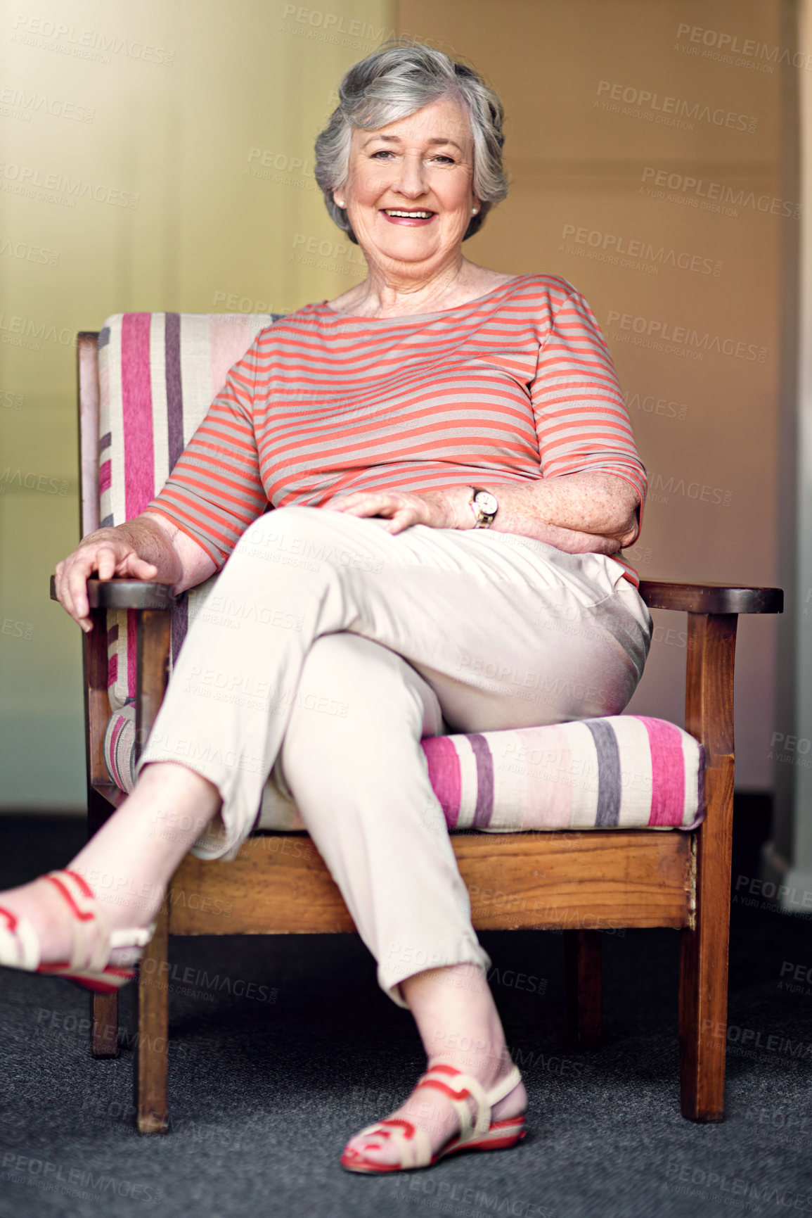 Buy stock photo Sofa, happy and portrait of senior woman for resting, peaceful and comfortable on weekend. Living room, relax and person on couch in nursing home for assisted living, elderly care and retirement