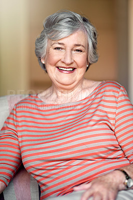 Buy stock photo Home, happy and portrait of a senior woman with a smile for retirement and old people happiness. Relax, lounge and an elderly lady in a chair in the living room with confidence and comfort in morning
