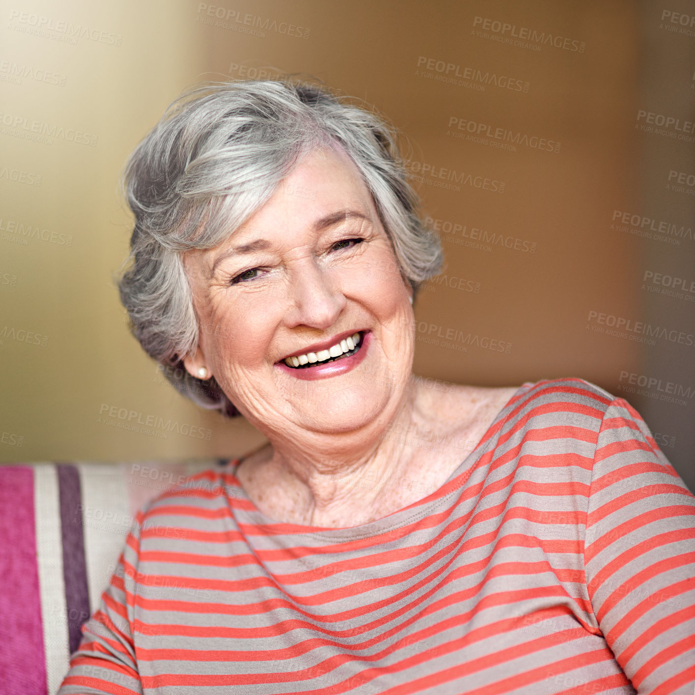 Buy stock photo Portrait, senior woman and smile in nursing home, living room or relax in retirement and happy in house. Elderly, happiness and healthy person laughing at funny, joke or freedom of retired life