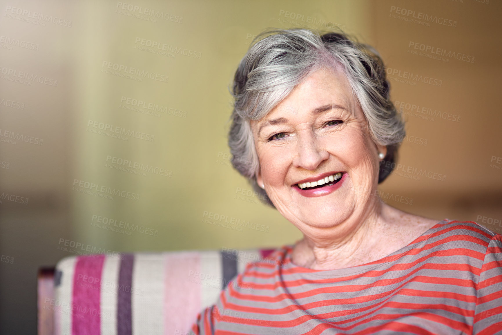 Buy stock photo Portrait, living room and happy senior woman to relax in nursing home or smile in house or retirement. Elderly lady, happiness and healthy person laughing at funny, joke or freedom of retired life