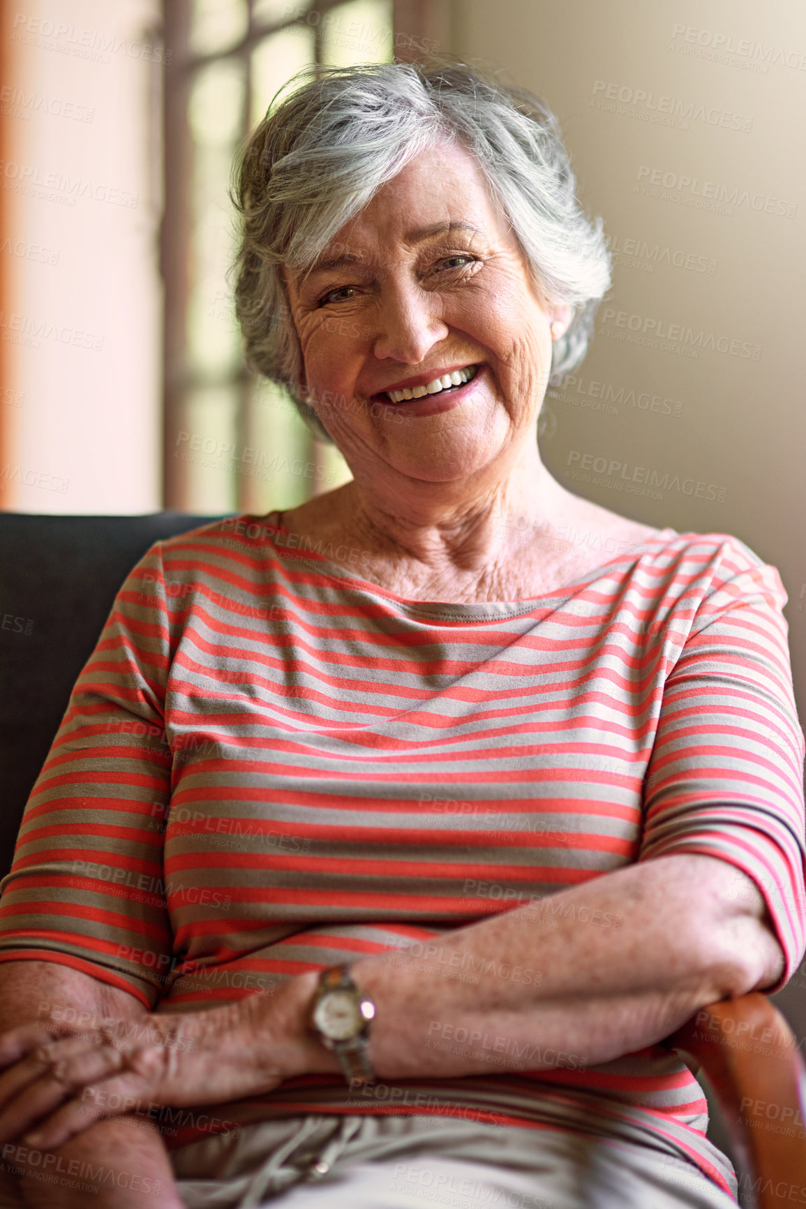 Buy stock photo Senior woman, home and portrait with happy for retirement or pension to relax, break and chill. Elderly person, smile and confident or proud and satisfied in positivity as pensioner, cheerful or joy