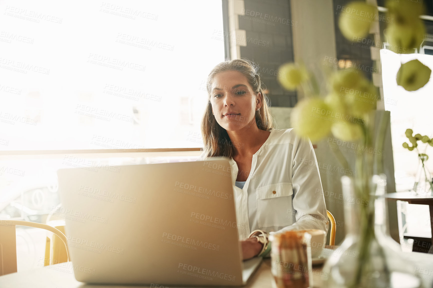 Buy stock photo Cafe, woman and remote work with laptop for typing, research and editing information for business story. Freelancer, journalist and copywriting in coffee shop for publication, news article or reading