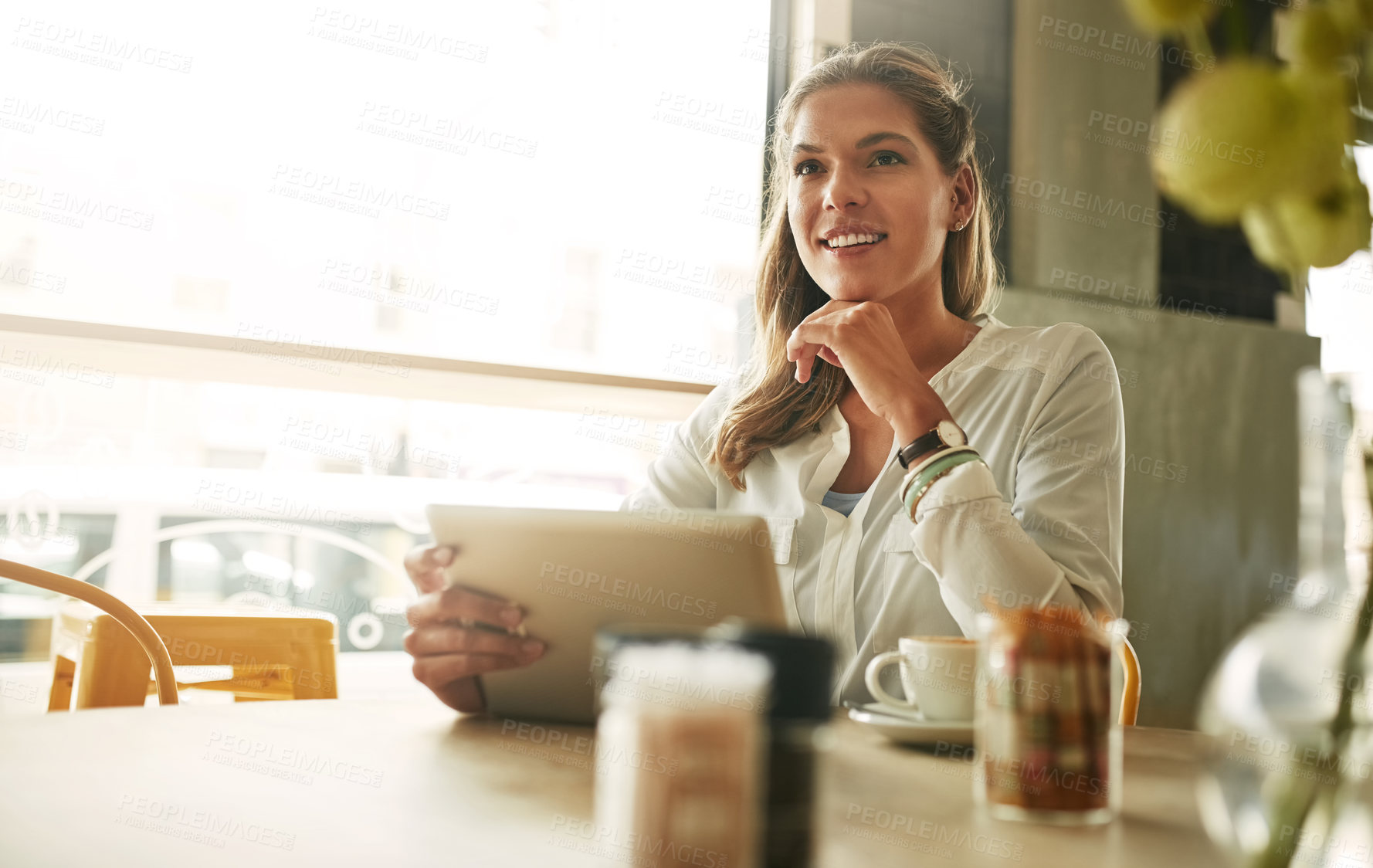 Buy stock photo Woman, smile and thinking with tablet in cafe for writing project inspiration, research article ideas or relax. Freelance copywriter, entrepreneur or happy in coffee shop with digital app for startup
