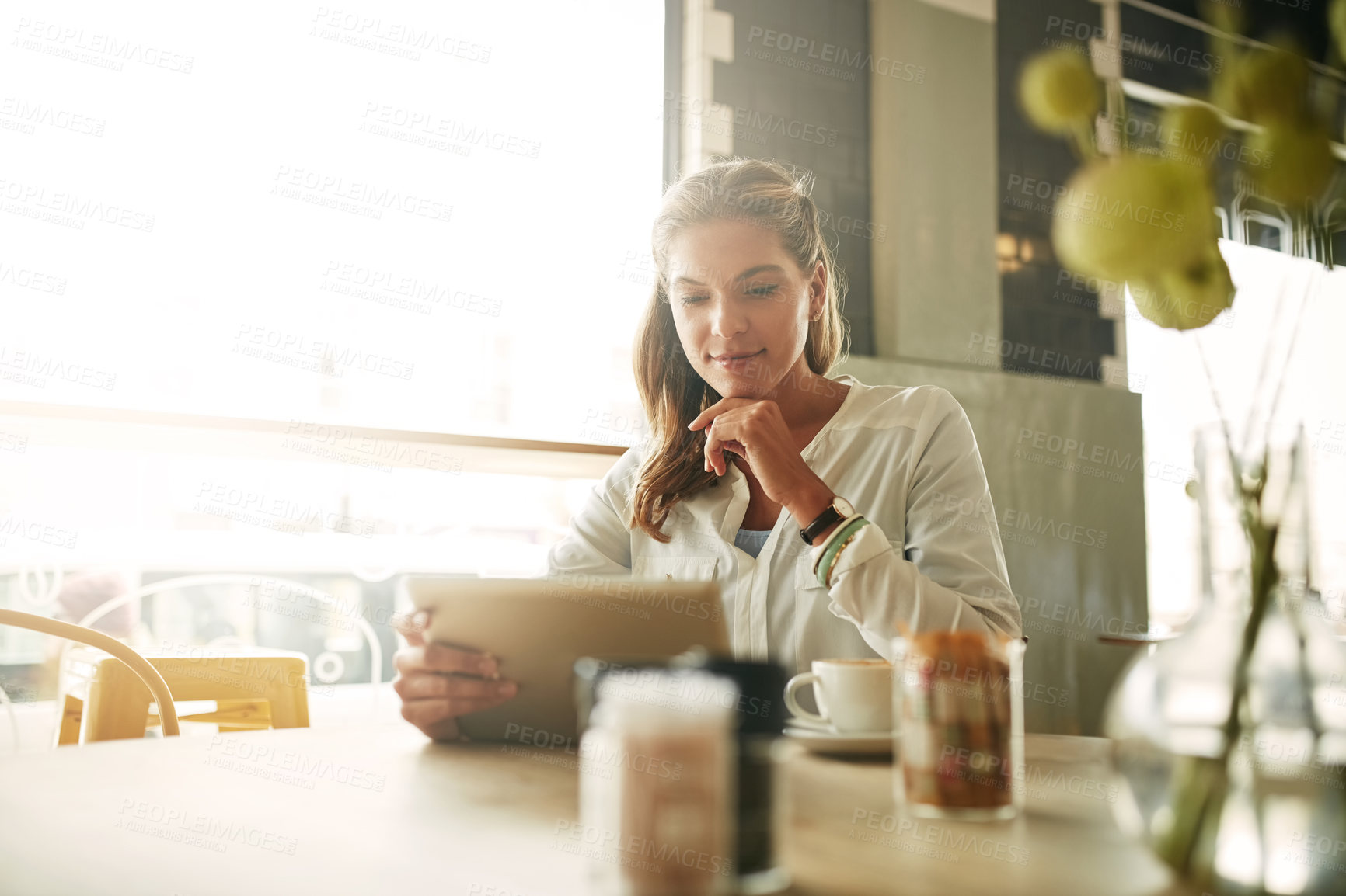 Buy stock photo Woman, reading and thinking with tablet in cafe for creative writing inspiration, research article ideas and relax. Freelance copywriter, person and happy in coffee shop with digital app for startup