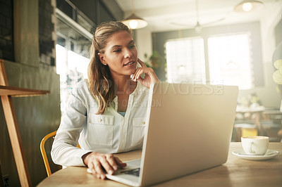 Buy stock photo Coffee shop, thinking and woman on laptop for remote work, typing email and networking. Freelancer, restaurant and person on computer in cafe for internet, research project and business planning