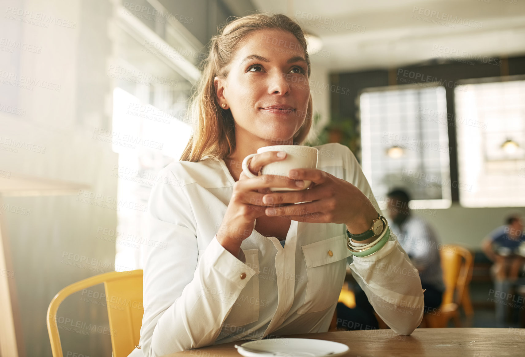 Buy stock photo Woman, smile and thinking in coffee shop, drink and relax with memory, decision and inspiration in morning. Person, tea cup and happy with perspective, remember and insight at brunch in cafeteria