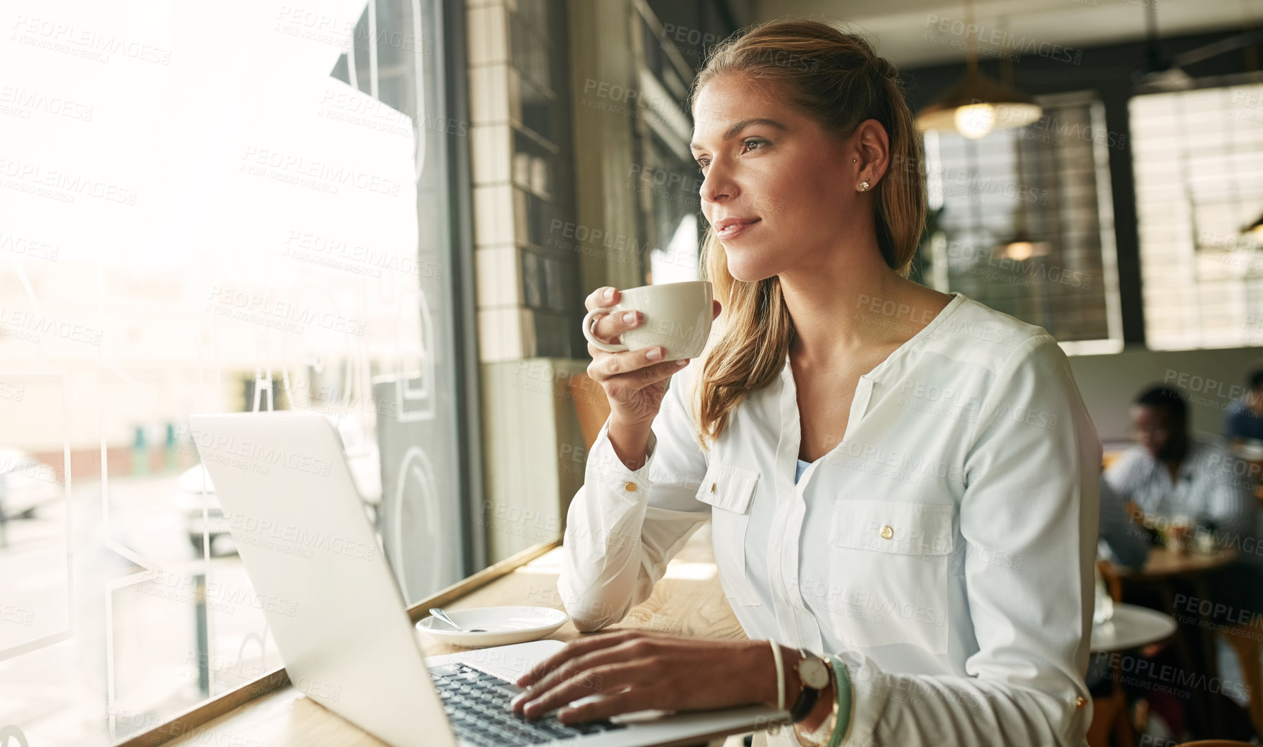 Buy stock photo Cafe, woman thinking and tea with laptop for research, ideas and editing information for business story. Freelancer, editor and espresso in restaurant for drinking, coffee or digital for news article