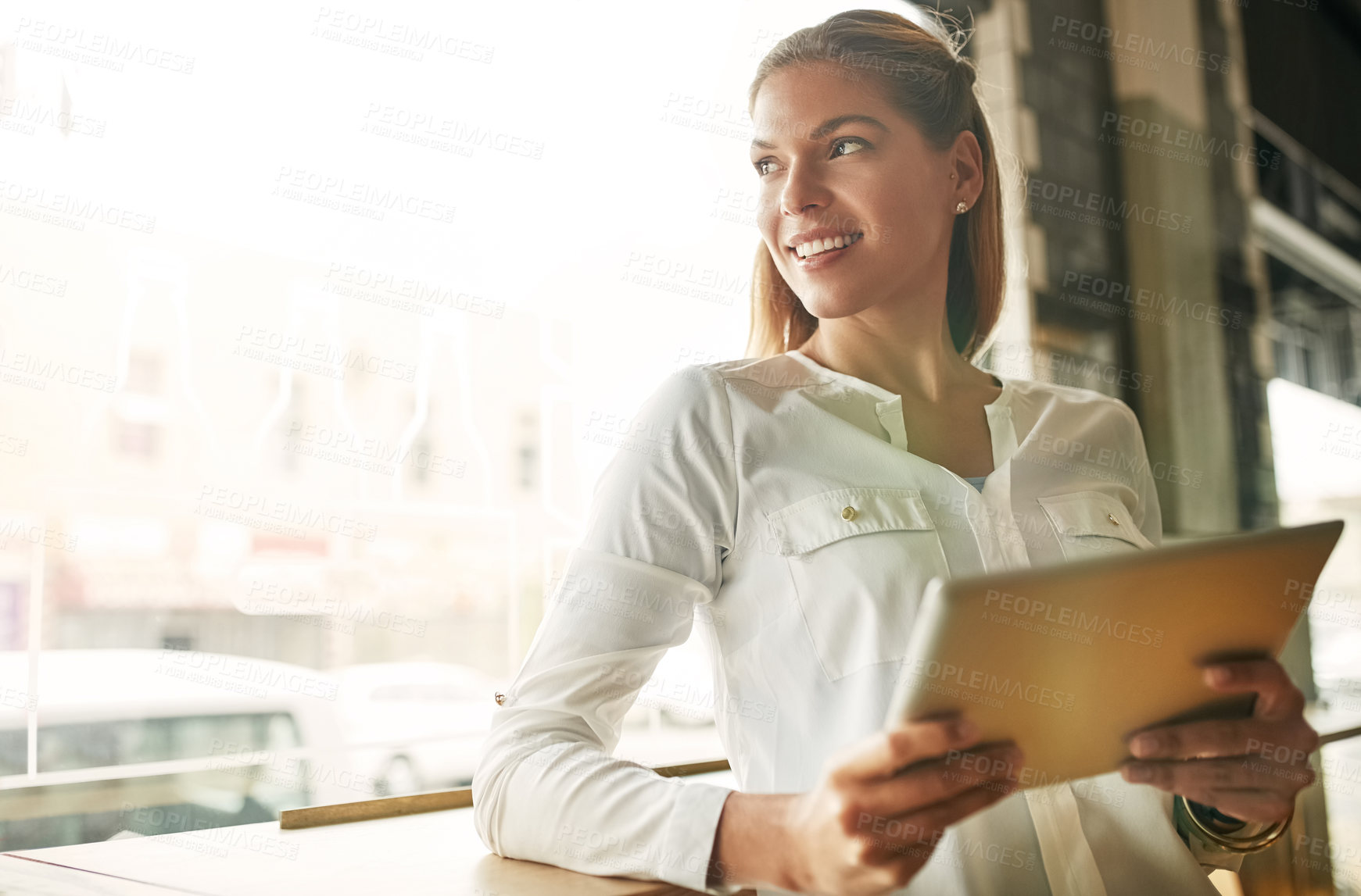 Buy stock photo Woman, smile and thinking with tablet in restaurant for remote work, email and freelance trading. Investor, happy and idea with tech at shop for investment research, update and stock market planning