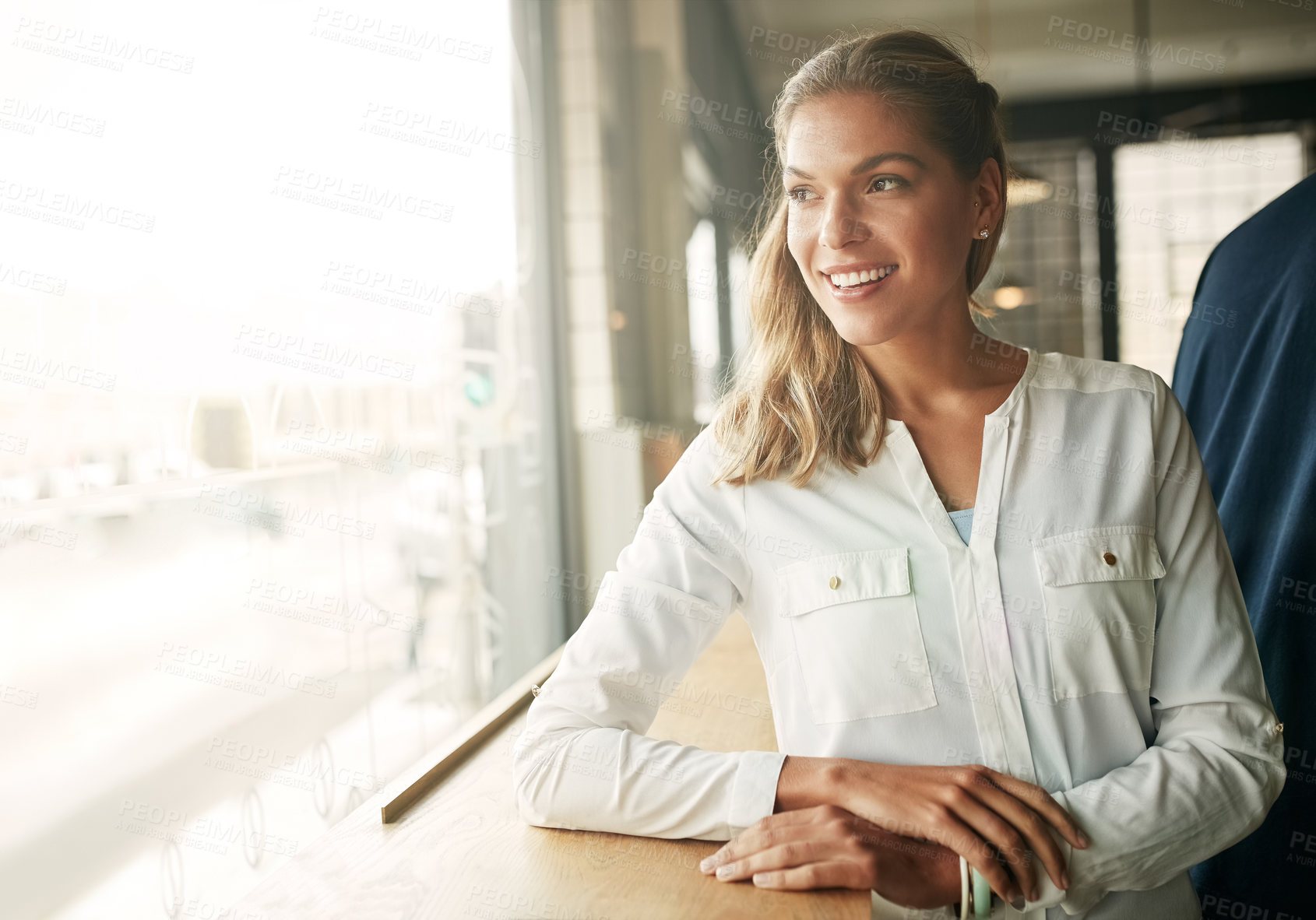 Buy stock photo Business woman, happy and thinking in cafe, window and decision for breakfast order in diner. Person, smile and start day at coffee shop, restaurant and relax with insight for inspiration in morning