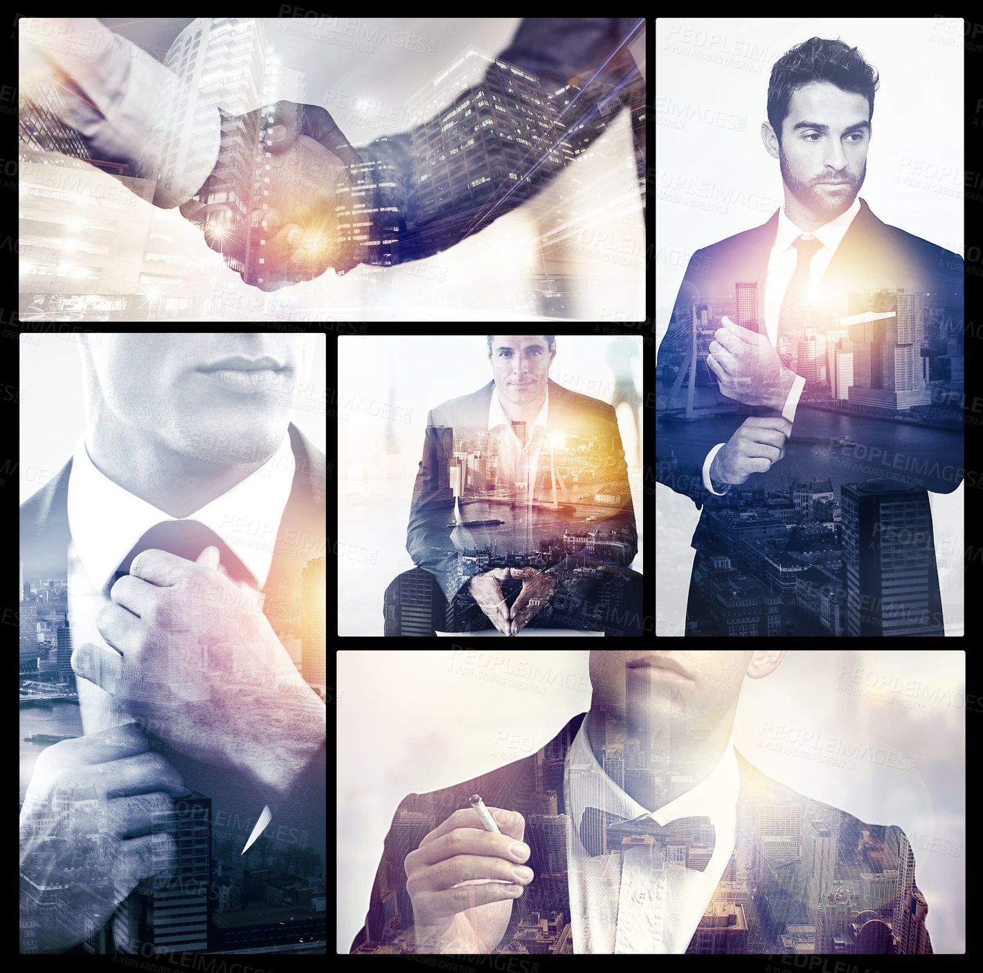 Buy stock photo Composite, business and man with overlay, thinking and ideas with career ambition. Face, person or employee with confidence, solution and decision for company development, collage and double exposure