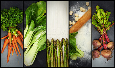 Buy stock photo Composite image of vegetables in the studio