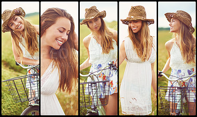 Buy stock photo Composite image of an attractive young woman riding her bicycle through a meadow