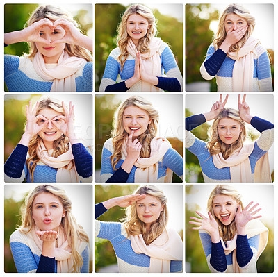 Buy stock photo Composite image of an attractive young woman standing outside making different facial expressions