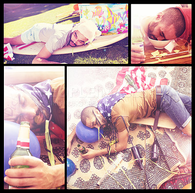 Buy stock photo Composite image of a young man passed out after a night of partying
