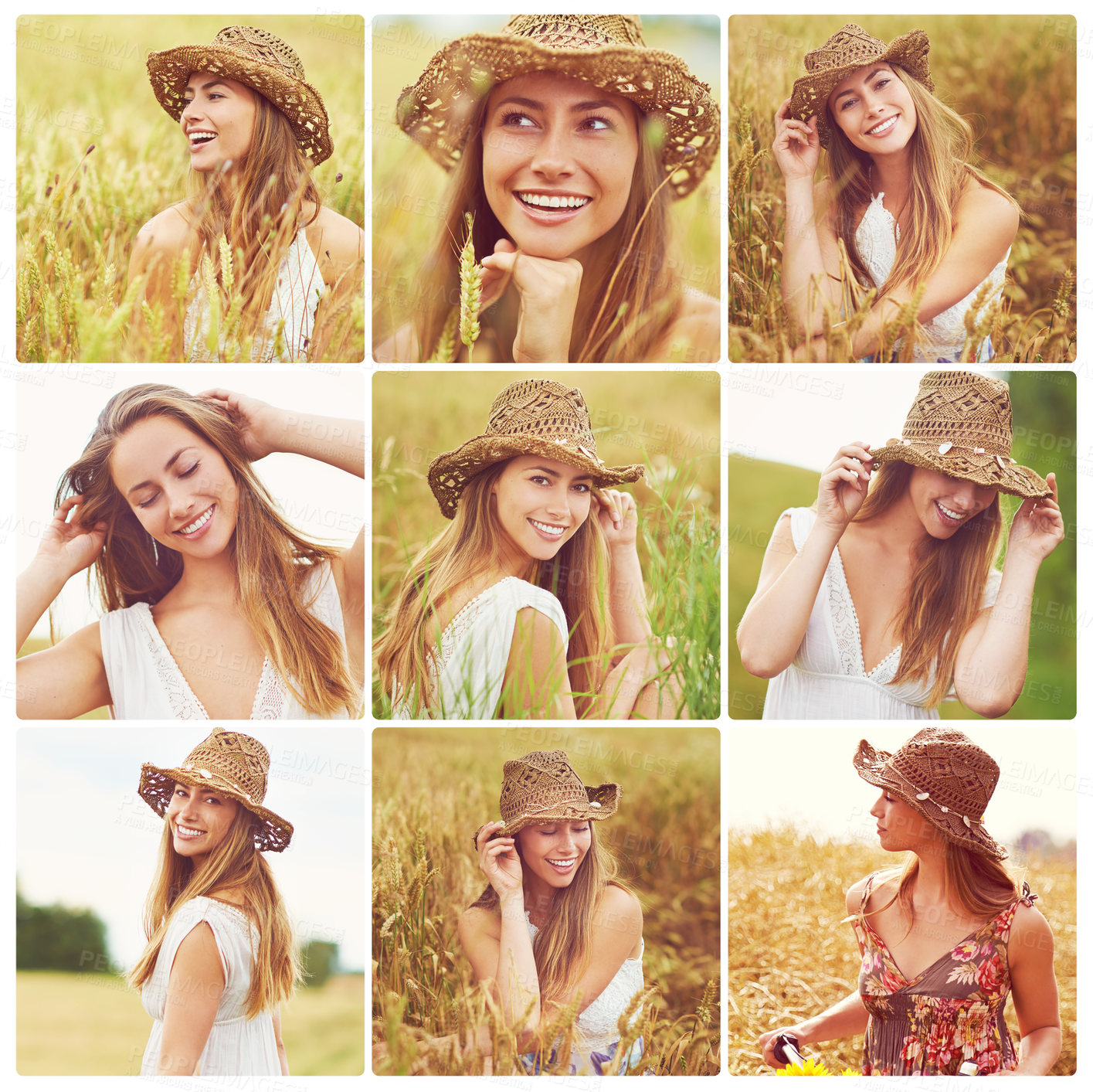 Buy stock photo Woman, collage and fashion on field in countryside for agriculture holiday, summer clothes and hat in garden. Smile, girl and environment travel with wheat plants for morning walk of stylish outfit