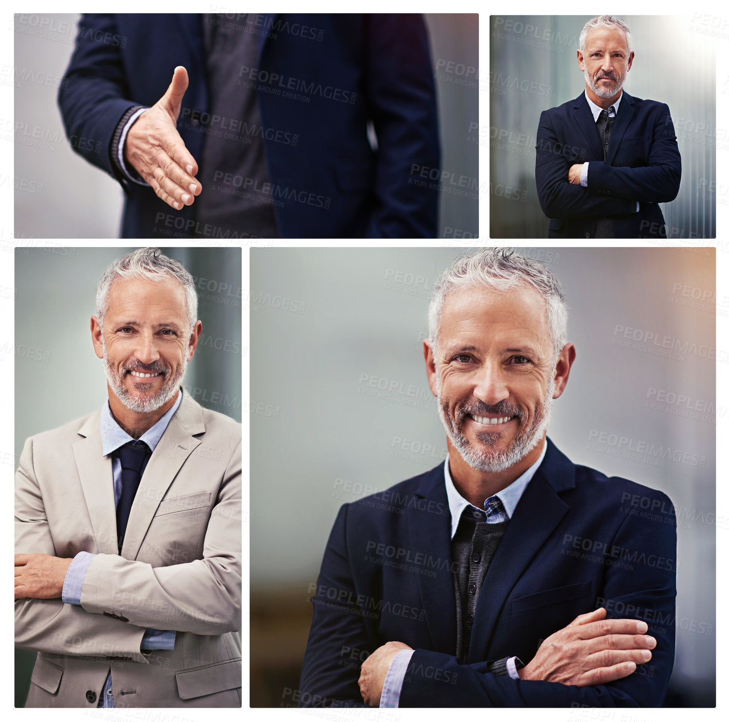 Buy stock photo Business man, mature and collage portrait with CEO, success and labour law deal with smile. Office, attorney and manager with lawyer case win, arms crossed and happy with professional layout