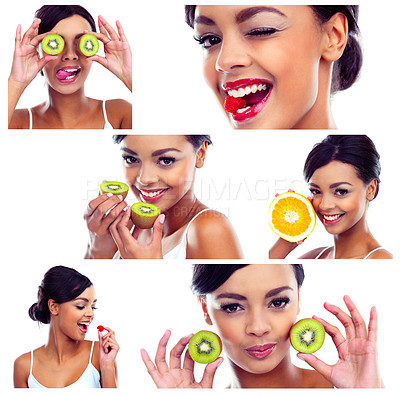 Buy stock photo Composite image of an attractive young woman posing with various fruits