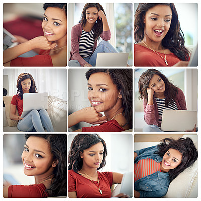 Buy stock photo Composite image of an attractive young woman relaxing at home