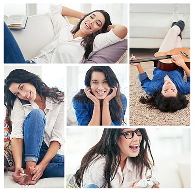 Buy stock photo Composite image of an attractive young woman relaxing at home
