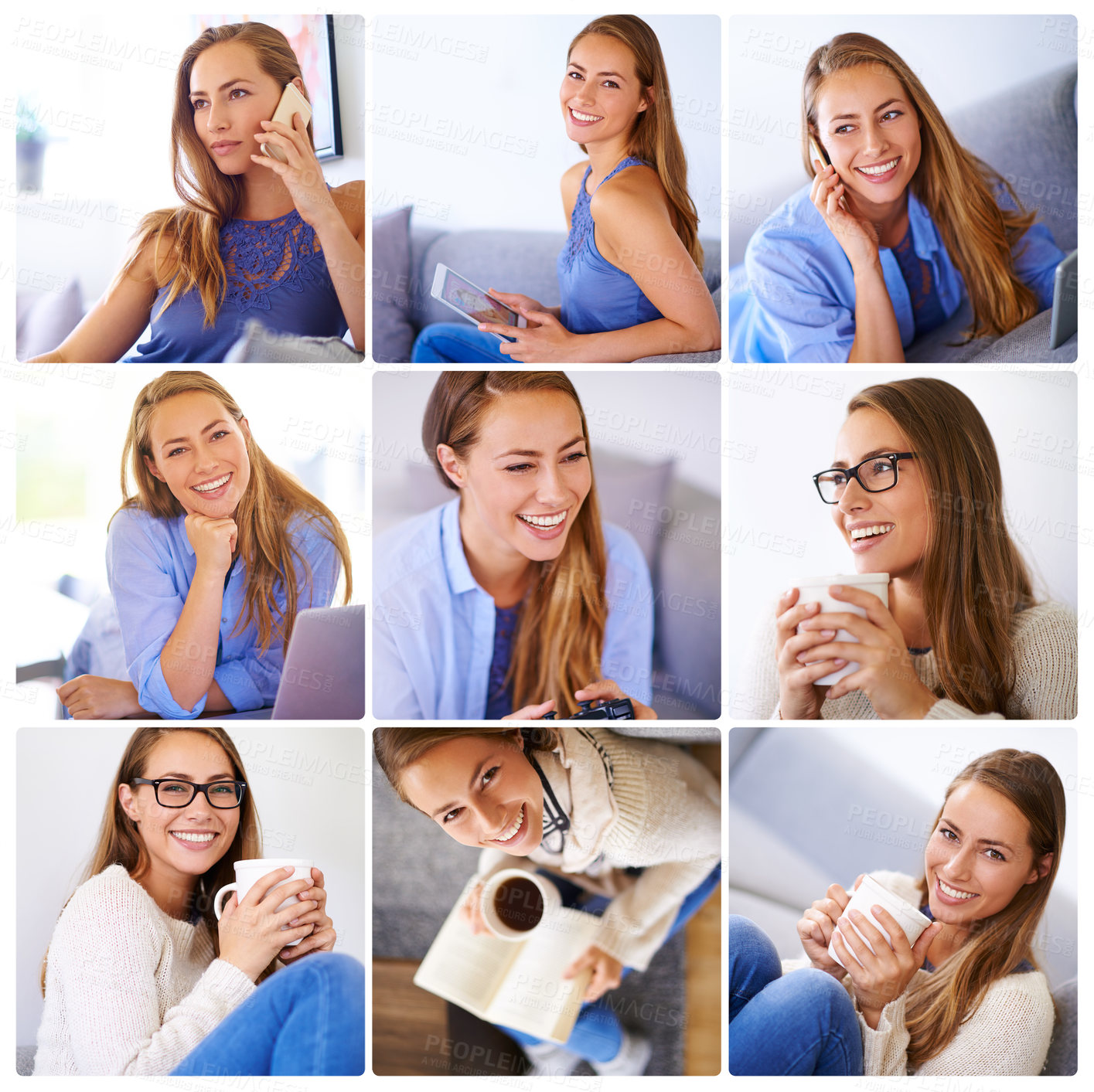 Buy stock photo Woman, relax and composite in home portrait, drinking tea and tech for communication on sofa. Female person, collage and phone call for conversation in living room, reading book and matcha for peace