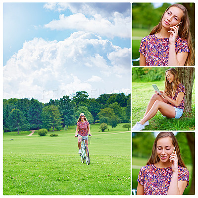 Buy stock photo Composite image of an attractive young woman chilling in the park