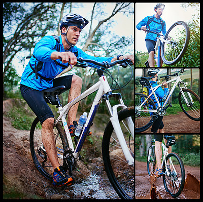 Buy stock photo Composite of a male athlete mountain biking
