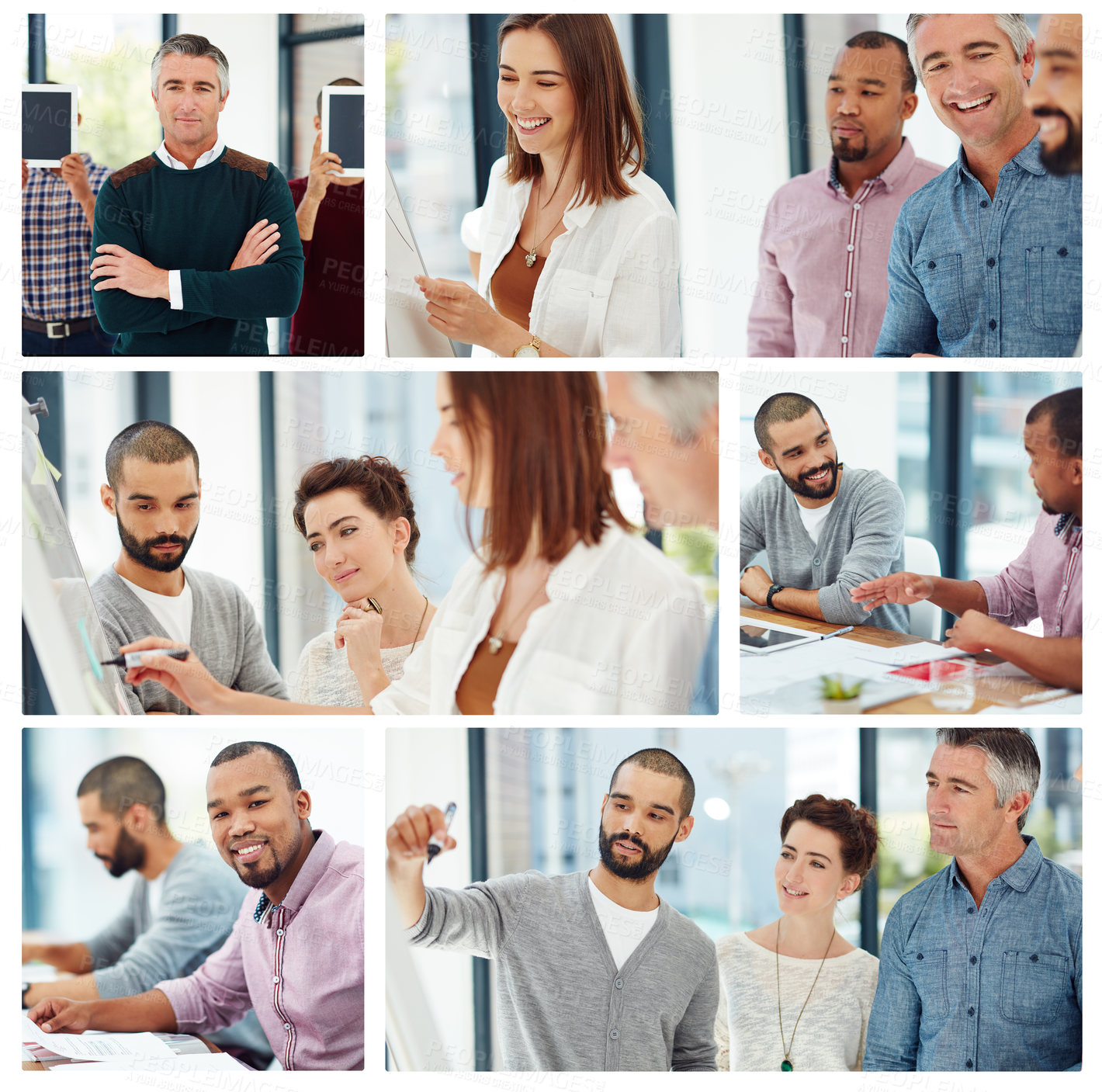 Buy stock photo Composite, team and business people in office for career, meeting and presentation at creative startup. Happy group, collage and staff at workplace with different employees, diversity and coworking