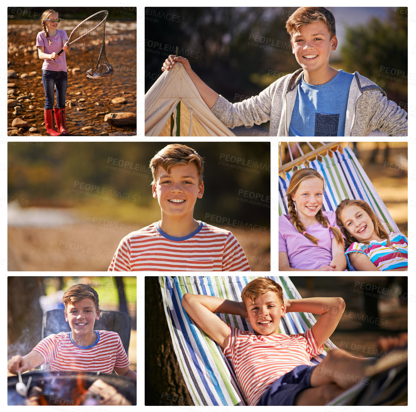 Buy stock photo Children, portrait and outdoor composite in nature, camping hammock and montage for happiness. Kids, siblings and fire to barbecue fish from river in California, relax and weekend trip for bonding