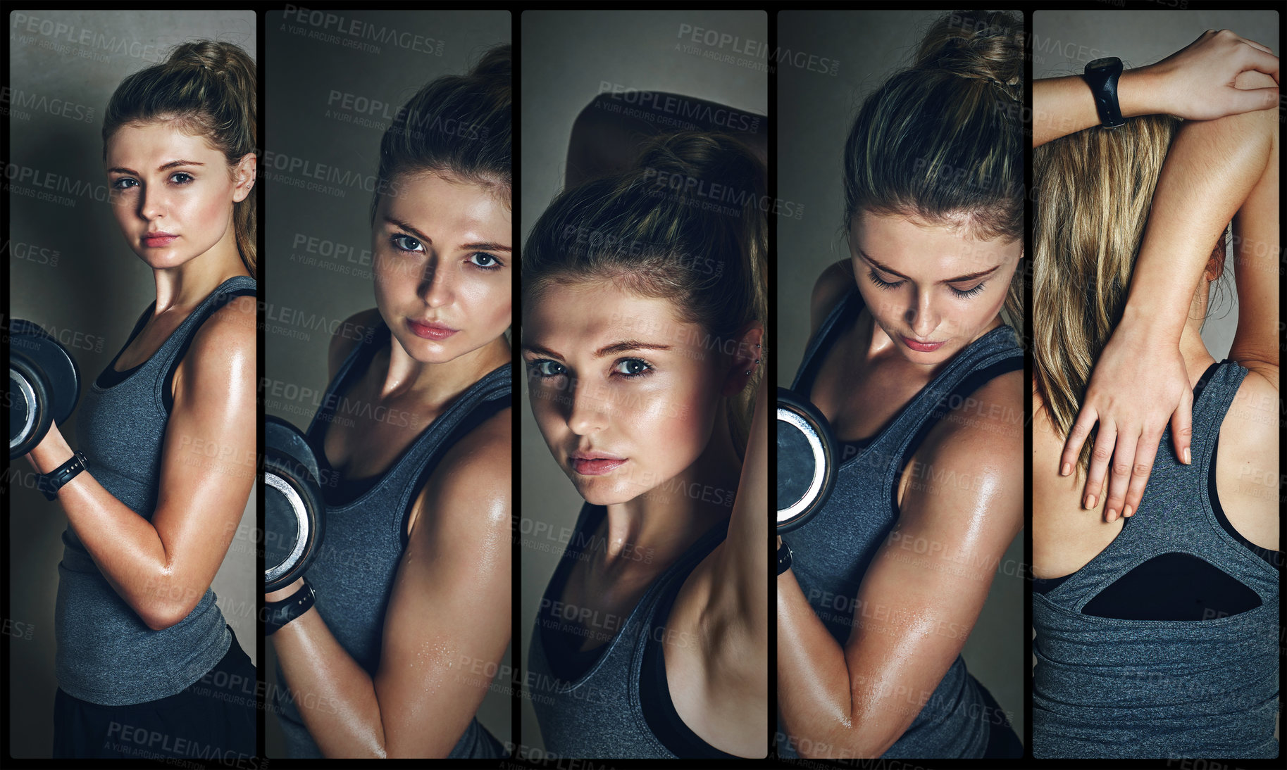 Buy stock photo Woman, collage and dumbbell in studio for exercise, weightlifting and muscle growth by background. Person, model and bodybuilder in portrait with power, workout and development for fitness in Italy