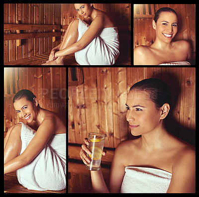 Buy stock photo Composite image of an attractive young woman relaxing in a sauna