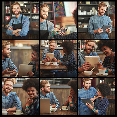 Buy stock photo Composite image of two young people in a coffee shop