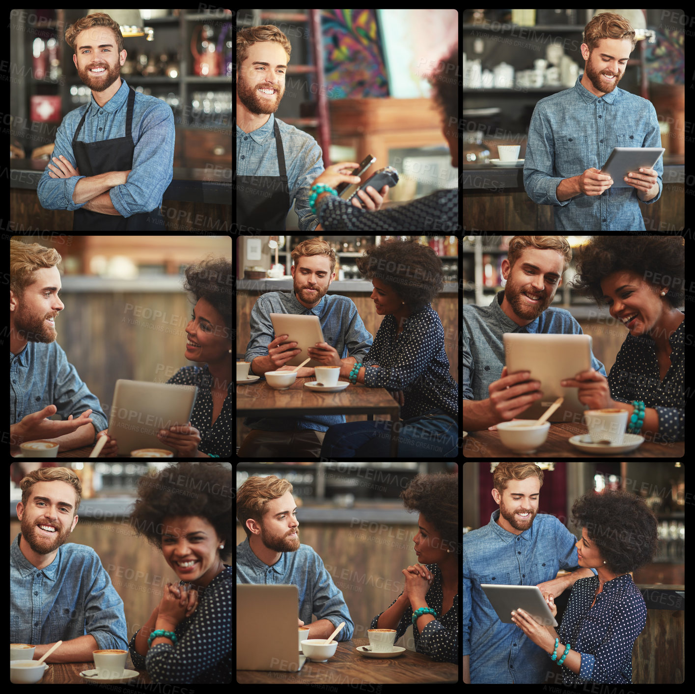 Buy stock photo Composite image of two young people in a coffee shop