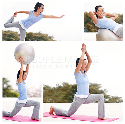 Buy stock photo Composite of an attractive young woman exercising outside